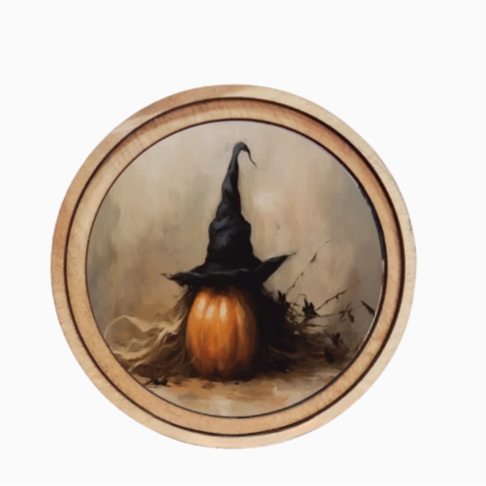 Halloween Decor Wooden Handmade Pumpkin Witch Hat Wall or Table Art New